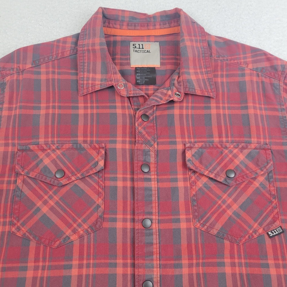 5.11 Tactical Shirt Mens Medium‎ Red Gray Plaid Long Sleeve Snap Front Cotton - Picture 2 of 9